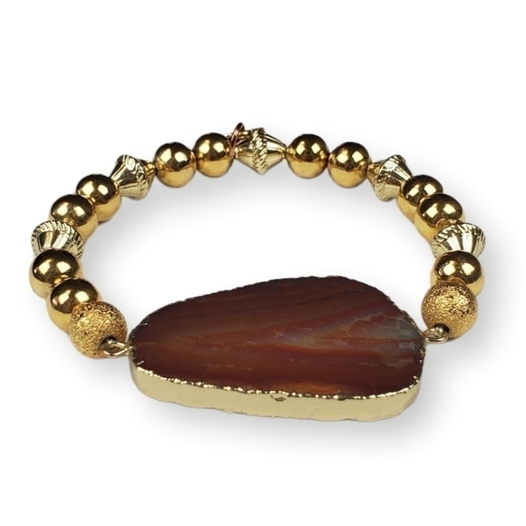 Agate Slice Beaded Bracelet Red Brown Banded Natural Stone Gold Gilt Stretch 7" - Picture 3 of 6